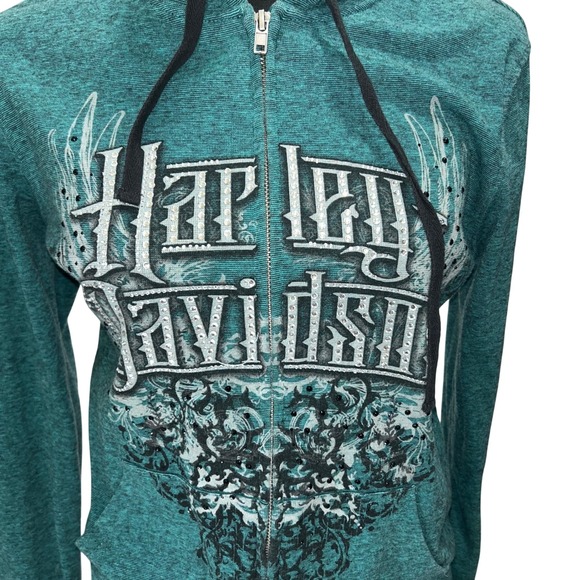 Harley Davidson Women Teal Heathered Rhinestone Wing Logo Zip Hoodie M - Picture 2 of 7